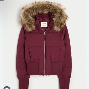 Hollister Maroon Mulberry Puffer Jacket with Faux Fur Trim